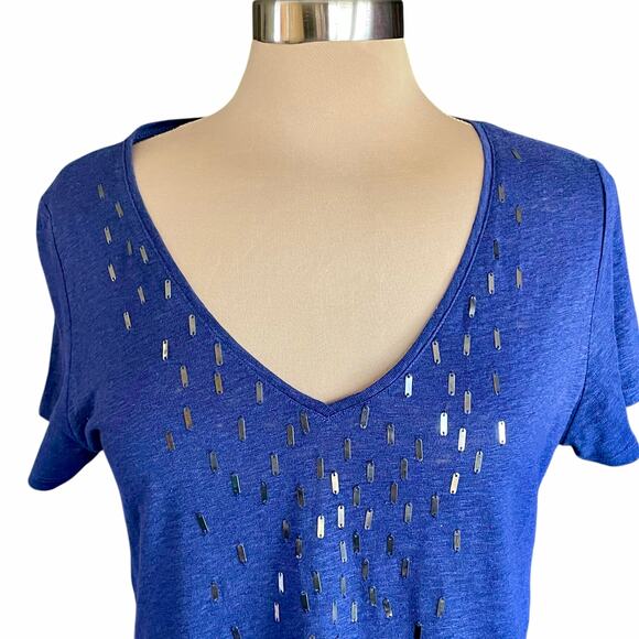 Eileen Fisher Royal Blue Short Sleeve Tee 100% Linen Sequin Embellishment Sz MED - Picture 2 of 8